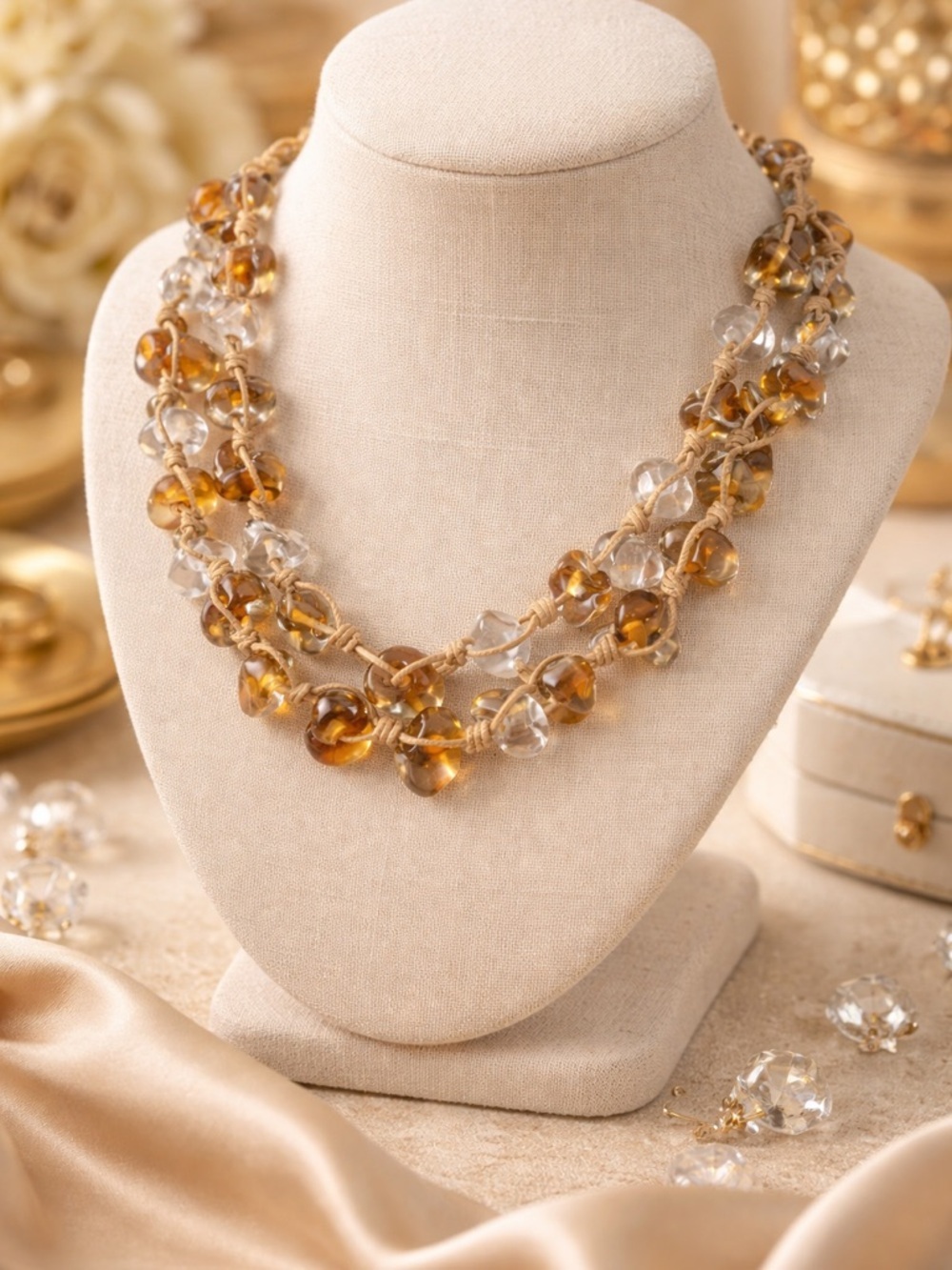 Antique Baroque Glass Beaded Multi-Strand Necklace Amber Clear Statement Jewelry